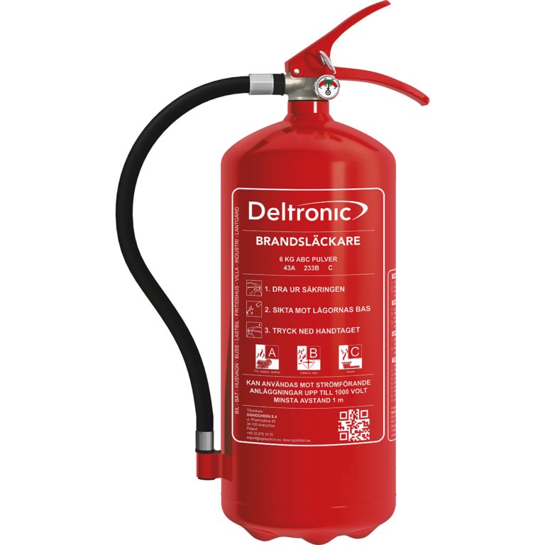 6 kg röd pulversläckare med svart handtag sedd framifrån