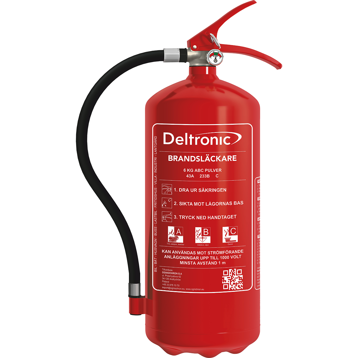 6 kg röd pulversläckare med svart handtag sedd framifrån